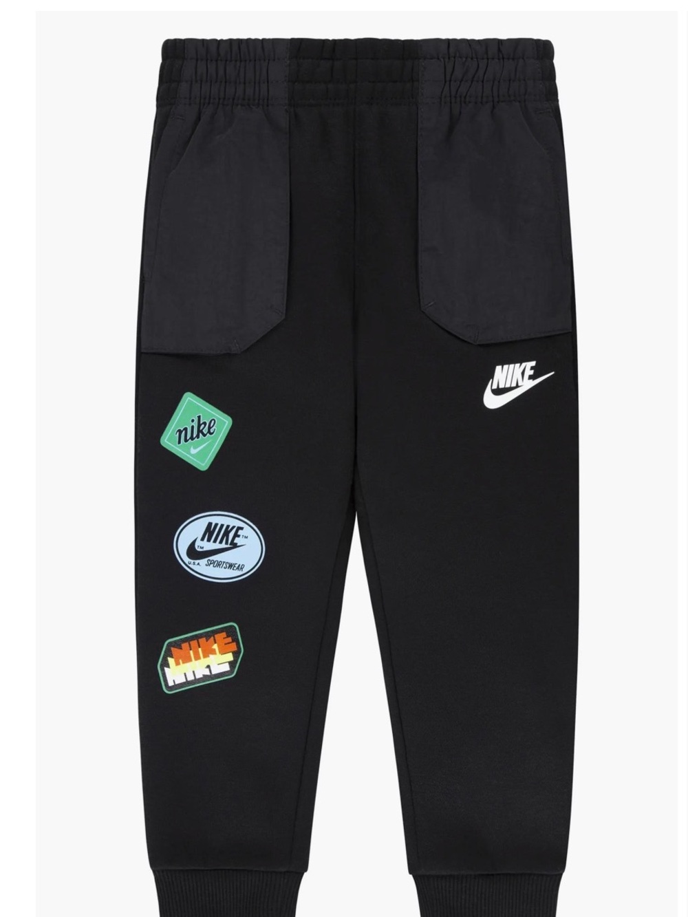 NWT Nike Black Joggers with Green and Light Blue Patch Details
